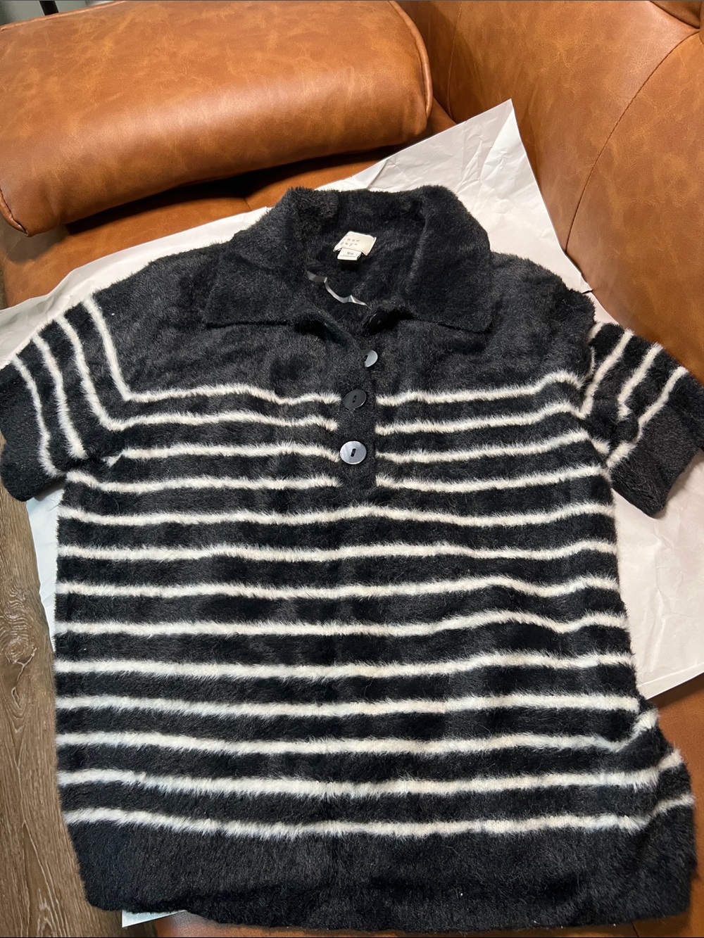 a new day Black and White Fuzzy Striped Short Sleeve Polo Top